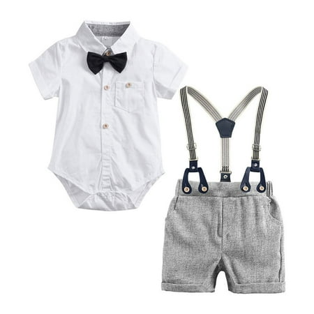 

Baby Boys Gentleman Outfits Suits Infant Short Sleeve Shirt+Bib Pants+Bow Tie Clothes Set 6-36M