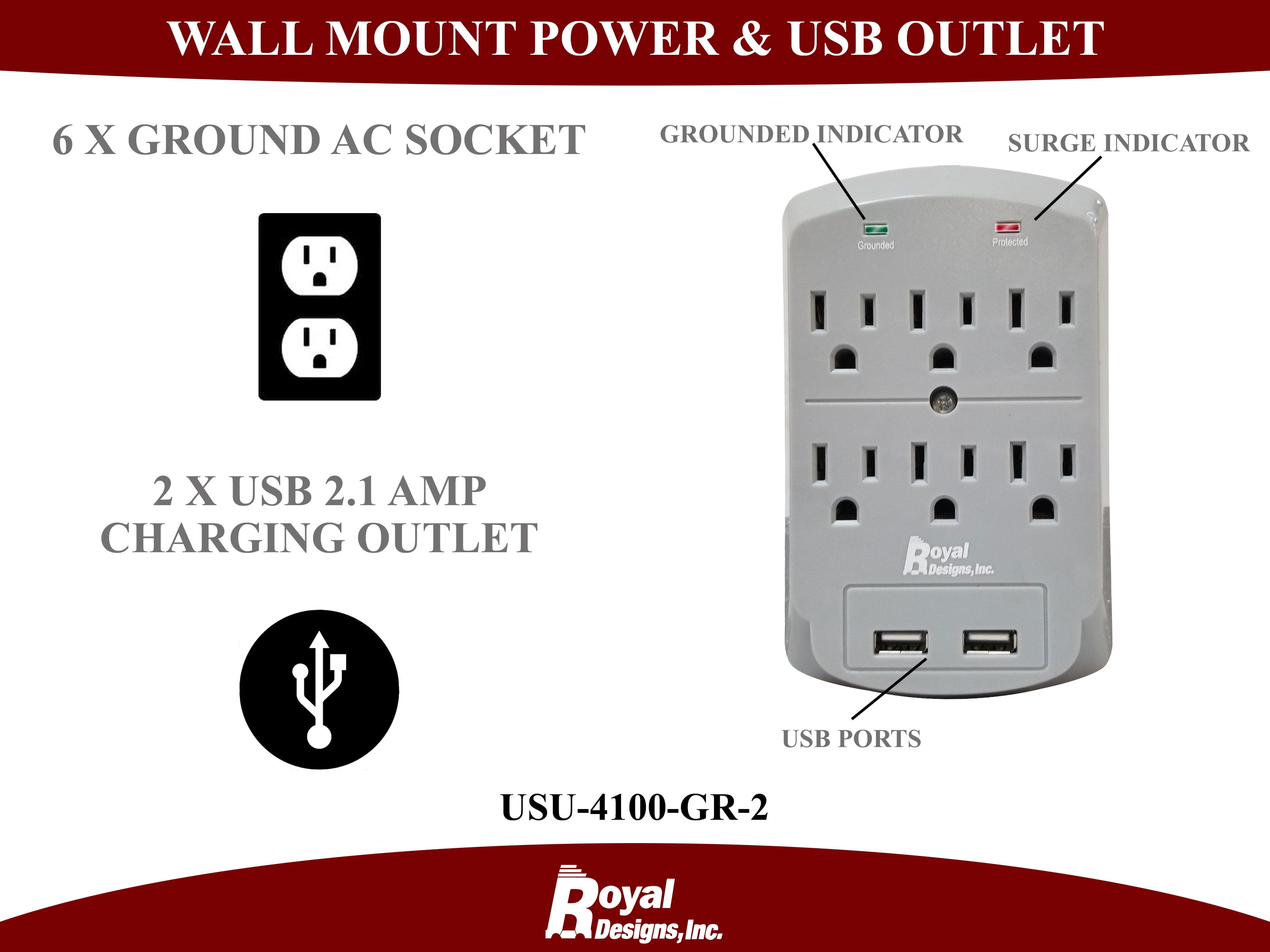 Royal Designs Gray USB Wall Mount and Surge Protector with 6 Outlets and Two USB Ports, Set of 2