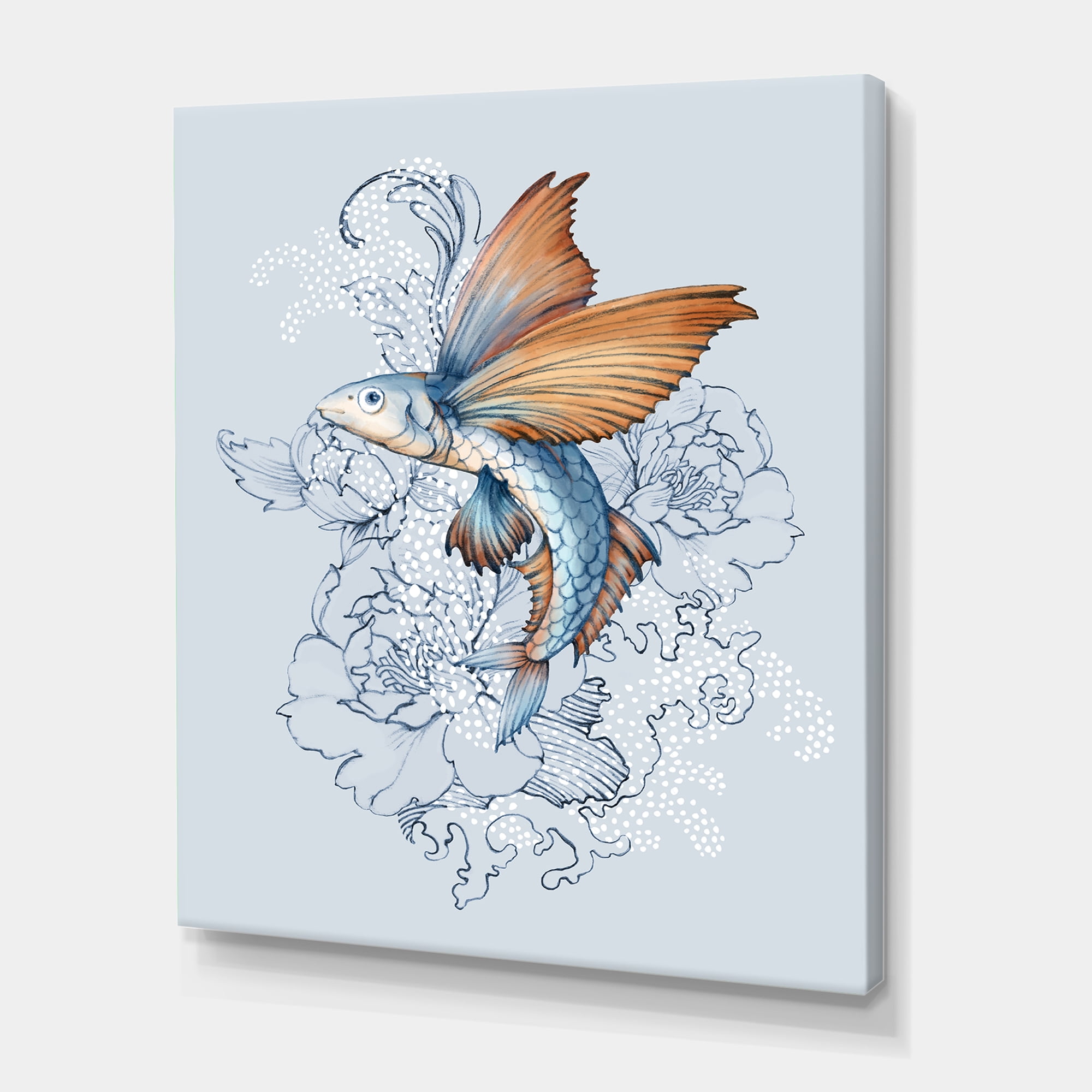 Flying Fish and Peonies 30 in x 40 in Painting Canvas Art Print, by Designart
