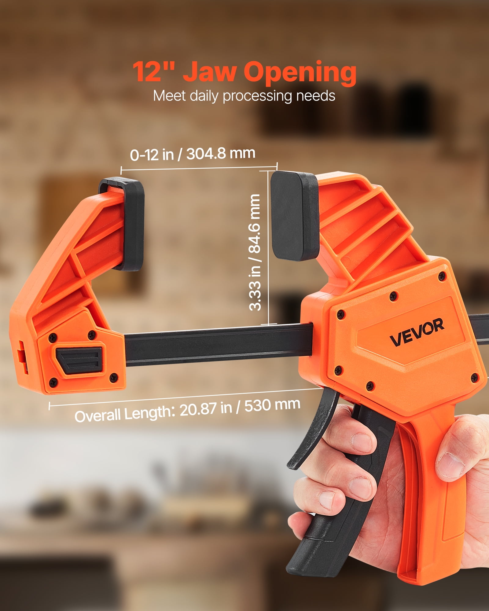 VEVOR Bar Clamps for Woodworking, 2-Pack 12 inch One-Handed Clamp/Spreader, Quick-Grip F-Clamp with 340 lbs Load Limit,Premium Plastic and Carbon Steel, for Woodworking Metal working,Orange + Black