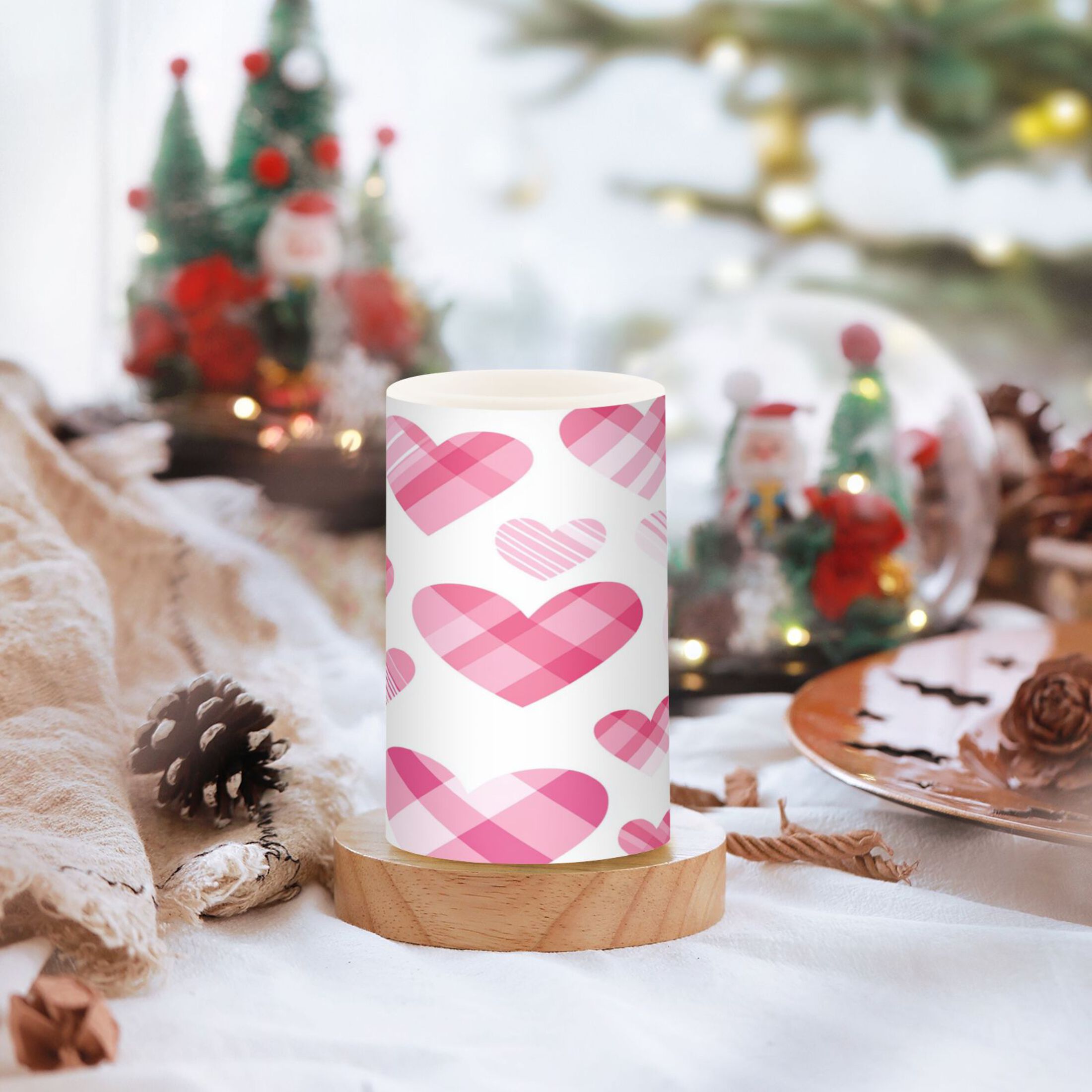 2 PCS Flameless Candles with Remote Timer LED Battery Operated Flickering Candle Light for Wedding Table Home Decoration Gifts Seamless Pink Heart Pattern