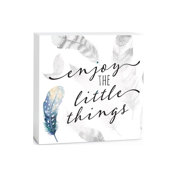 Enjoy Little Things Soft White Feathers 5 x 5 Wood Tabletop Sign Plaque