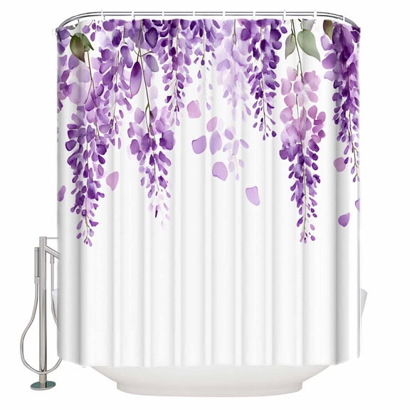Extra Long Shower Curtain 72x96 Inch, Wisteria Flowers Shower Curtain Waterproof Bathroom Decor Purple Floral Warercolor Summer Fabric Bath Curtain Set Accessories with Hooks