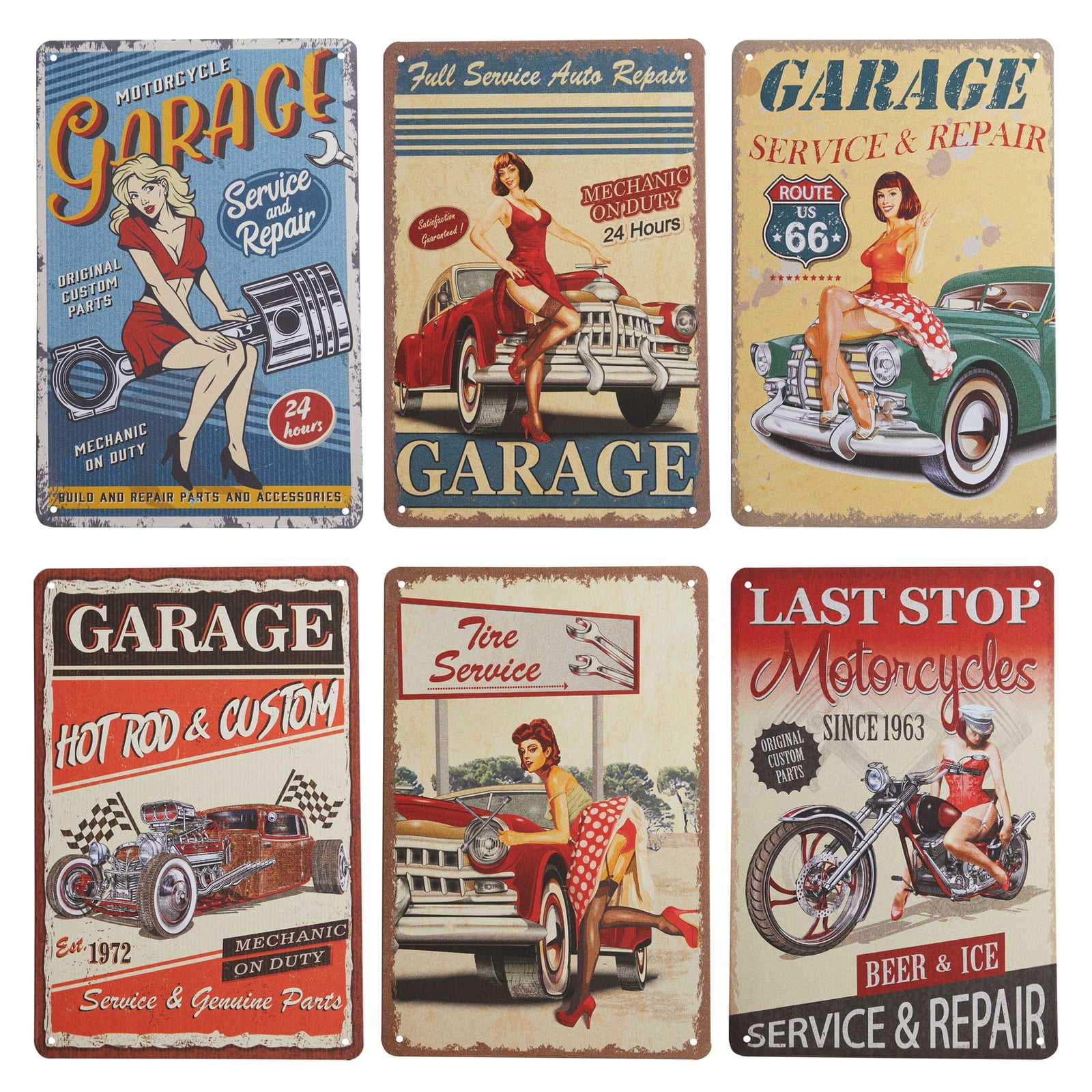 6 Pack Vintage Metal Signs for Retro Garage Wall Decor, 6 Designs (8 x
