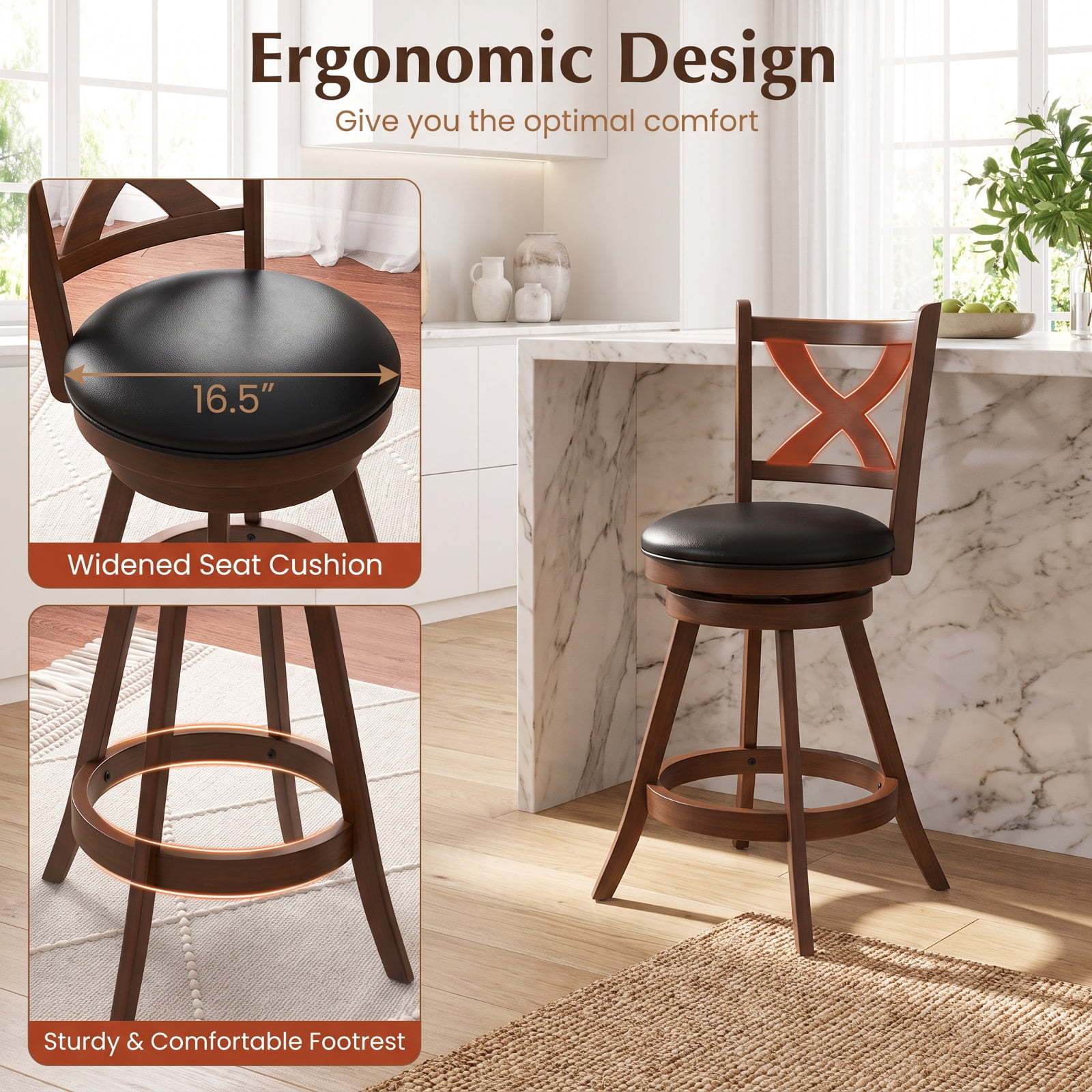 Furnibear 2 Pieces Classic Counter Height Swivel Bar Stool Set with X-shaped Open Back-24 Inch for Kitchen Island Counter Bar Pub Dining, Espresso