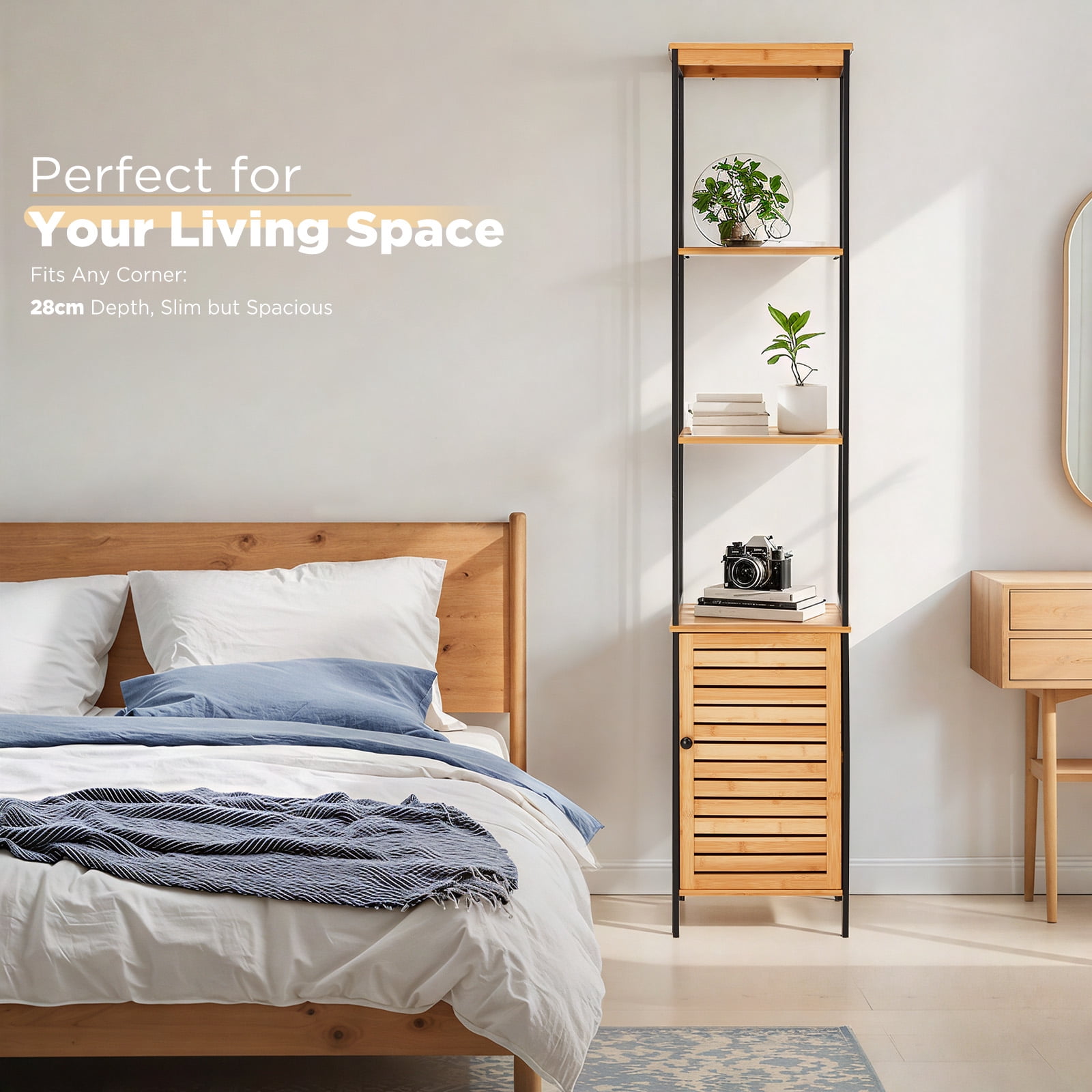 Danrelax 68" Bamboo Bathroom Cabinet, 5 Tier Floor Shelving Unit with Open Shelves & Cabinet Storage, Premium Moso Bamboo Organizer for Bathroom, Kitchen, or Living Room