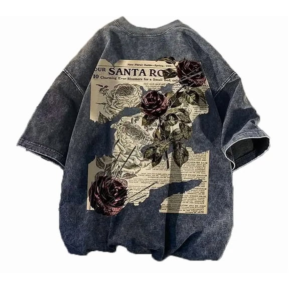 Lubpow Mens Acid Wash Tshirt Oversized Vintage Graphic T-Shirts Cool Grunge Rose Floral Shirt Trendy Y2K Streetwear Tee Tops