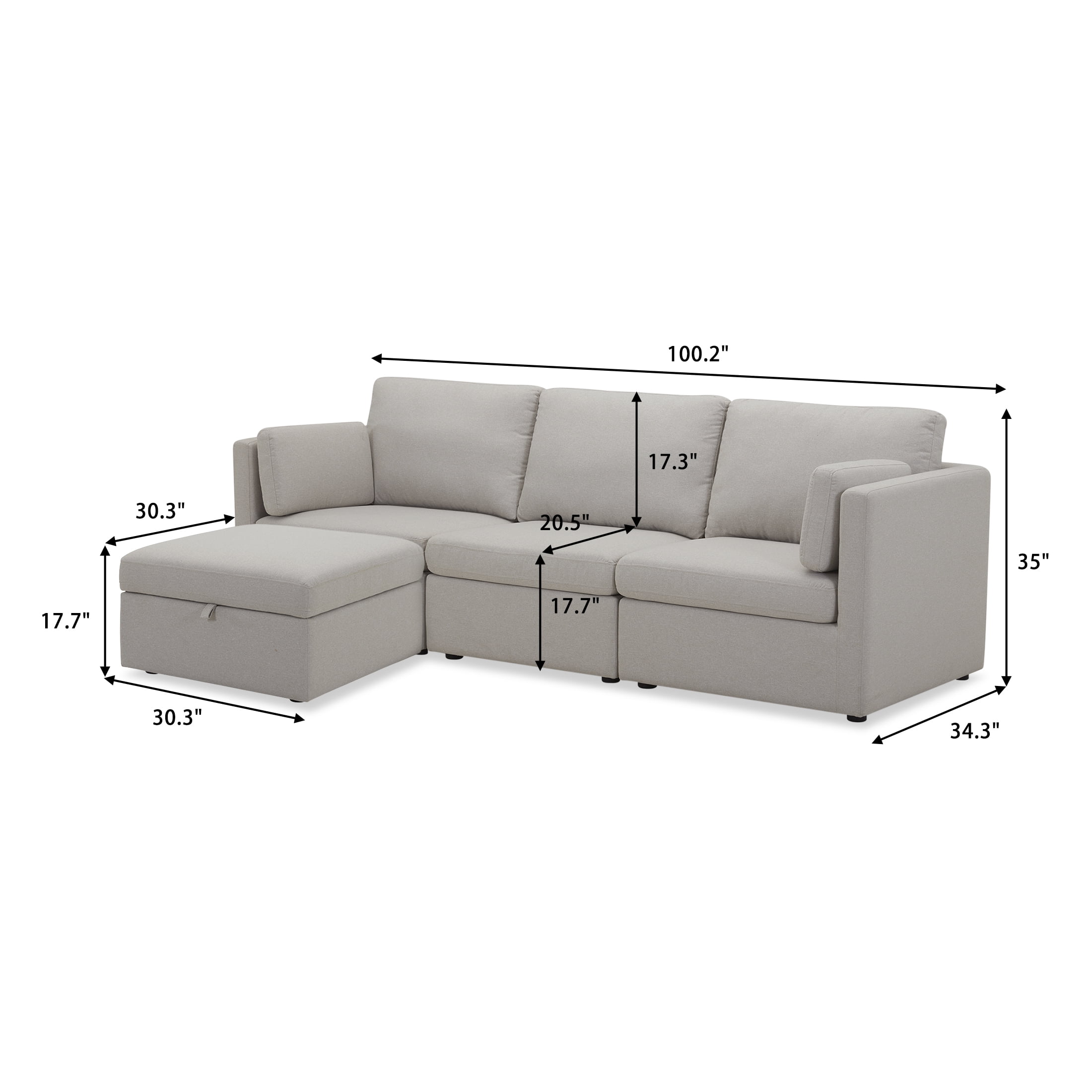 Better Homes & Gardens 100'' Modular Sectional Sofa with Storage Ottoman, White Linen