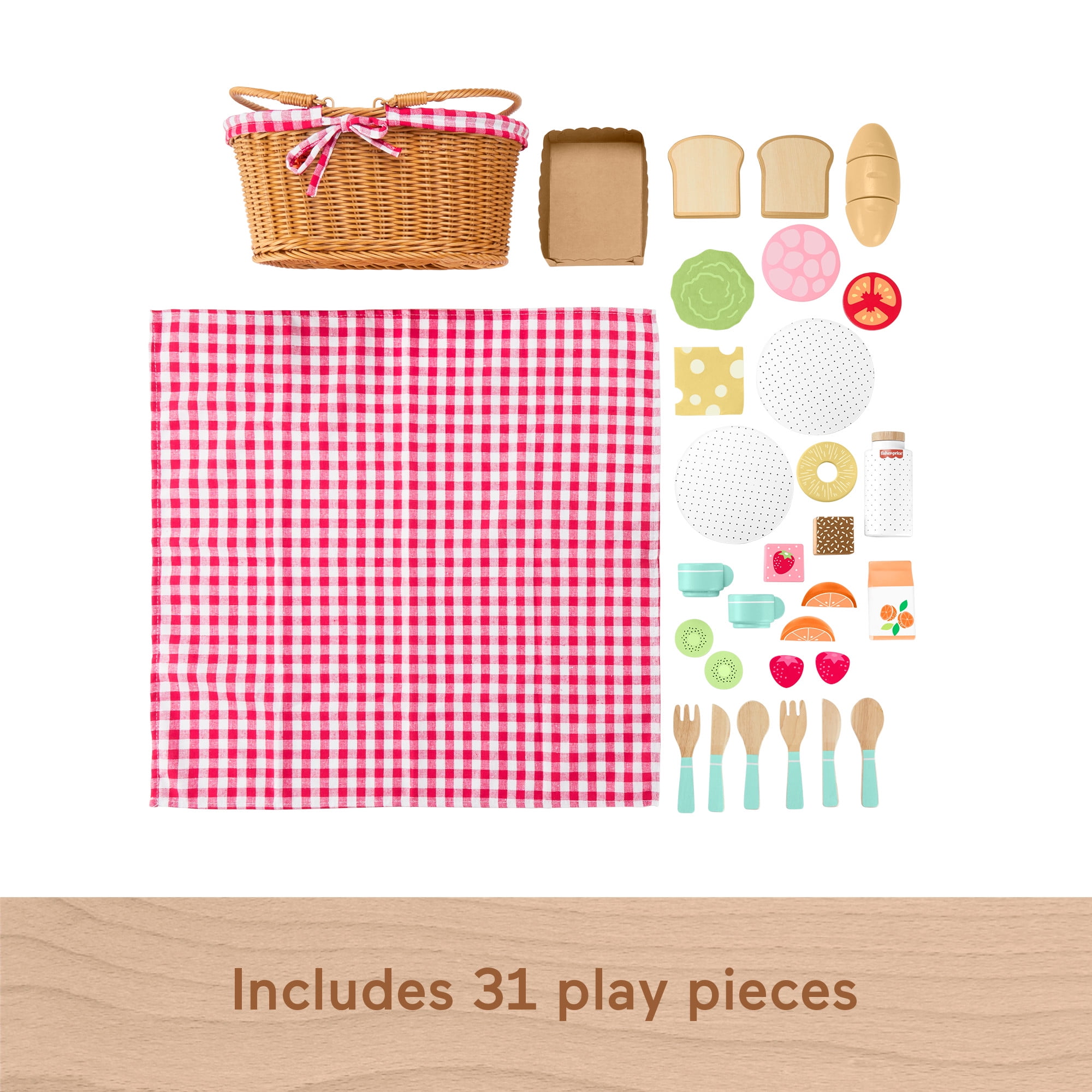 Fisher-Price Wooden Picnic Basket and Food Pretend Play Set for Preschool Kids, 31 Pieces