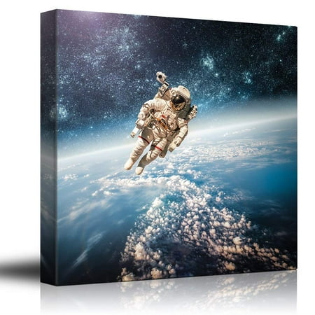 Courageous Art wall26 - Courageous Astronaut Floating Around in Space with View to Planet Earth - Canvas Art Home Decor - 12x12 inches ()