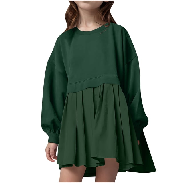 Odeerbi 5-14 Años Niñas Sudadera Plisada Vestido Color Sólido Manga Larga Niños Cuello Redondo Mini Vestido