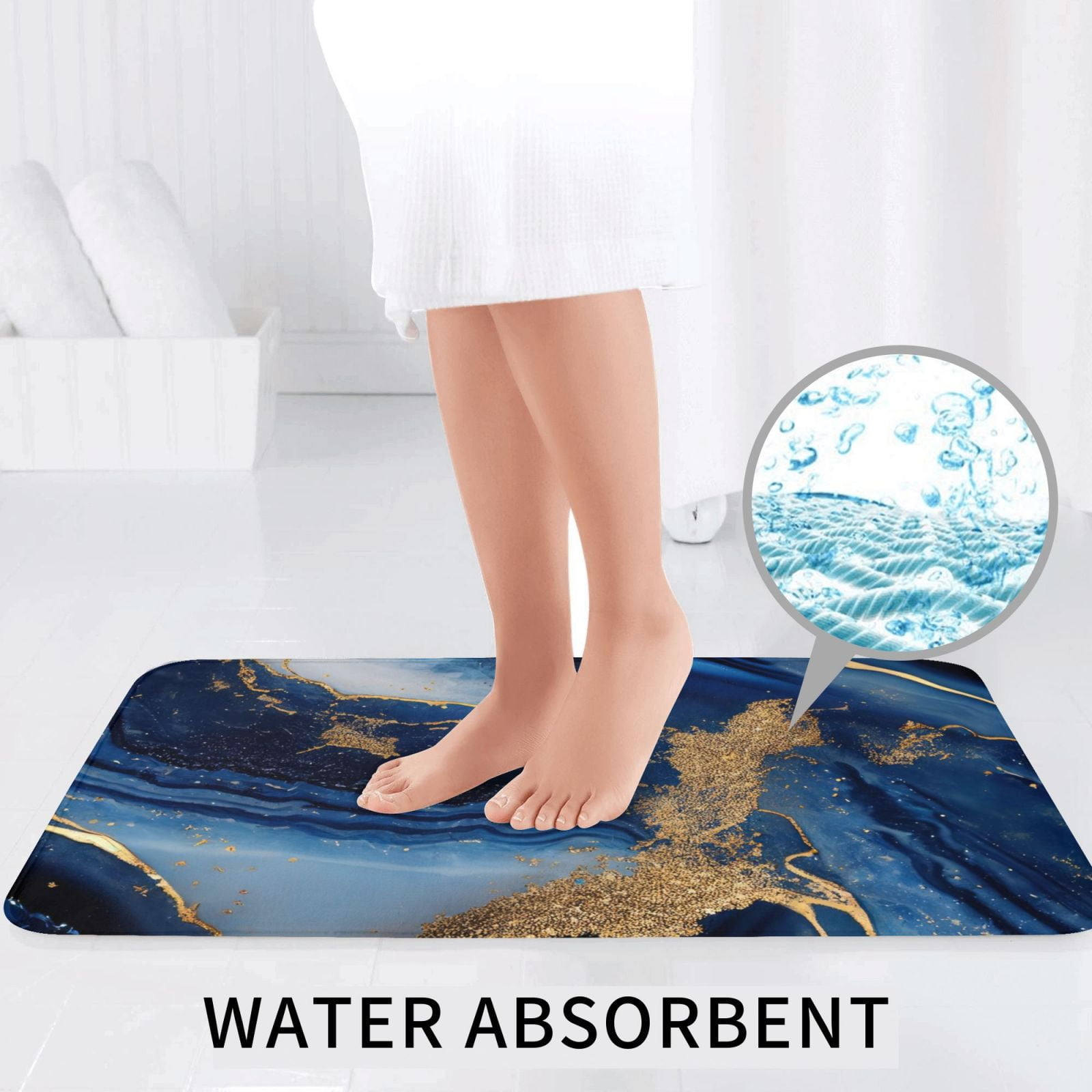 Bathroom Rugs Sets 3 Piece - Navy Blue Marble Absorbent Non Slip Bath Mats, U-Shape Toilet Lid Cover, Contour Mat, Soft Washable Shower Mats Bath Rug Mat for Bathroom Tub Toilet