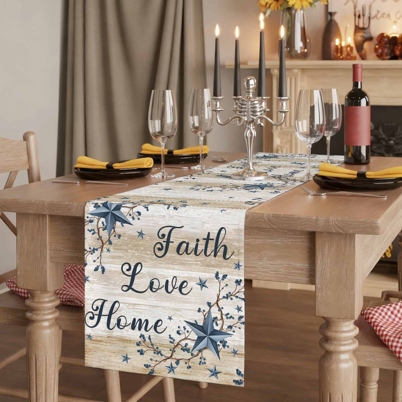 Vintage Country Cotton Linen Table Runner for Dining Kitchen, Blue Rustic Texas Star Vines Wooden Grain Wedding Outdoor Party Tablerunners, Dresser Scarf Coffee Tablecloth Runners 13x60 Inches