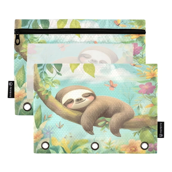 2 Pack 3 Ring Binder Pouch with Clear PVC Window Water Resistant Zipper Pencil Pouch Lazy Cartoon Sloth Binder Pocket for Classroom Office Home Stationery Organization