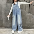 thumbnail image 2 of UACY Teen Girls Y2K Denim Overalls, Adjustable Strap Baggy Wide Leg Jean Jumpsuit Preppy Aesthetic School Uniform with Pockets (Light Blue, 5-6 Years), 2 of 9