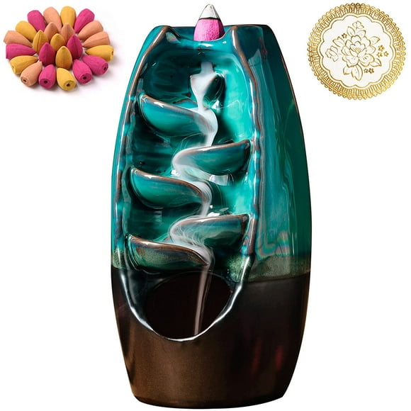 INONE Ceramic Incense Burner with 120 Cones, Waterfall Backflow Incense Holder, Aromatherapy Ornament, Zen Decor, Home Decor, Room Decor (Cyan)