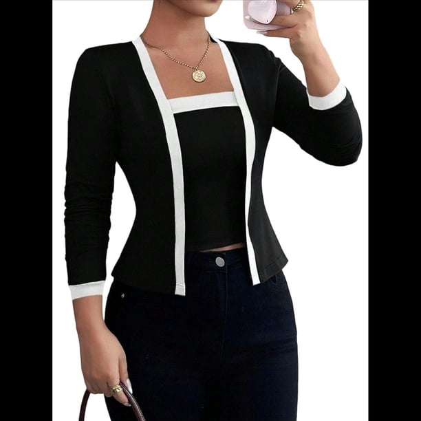 Conjunto de Dos Piezas de Cárdigan con Bloques de Color en Contraste para Mujer, Cárdigan Corto de Larga y Chal A Rayas. Negro M