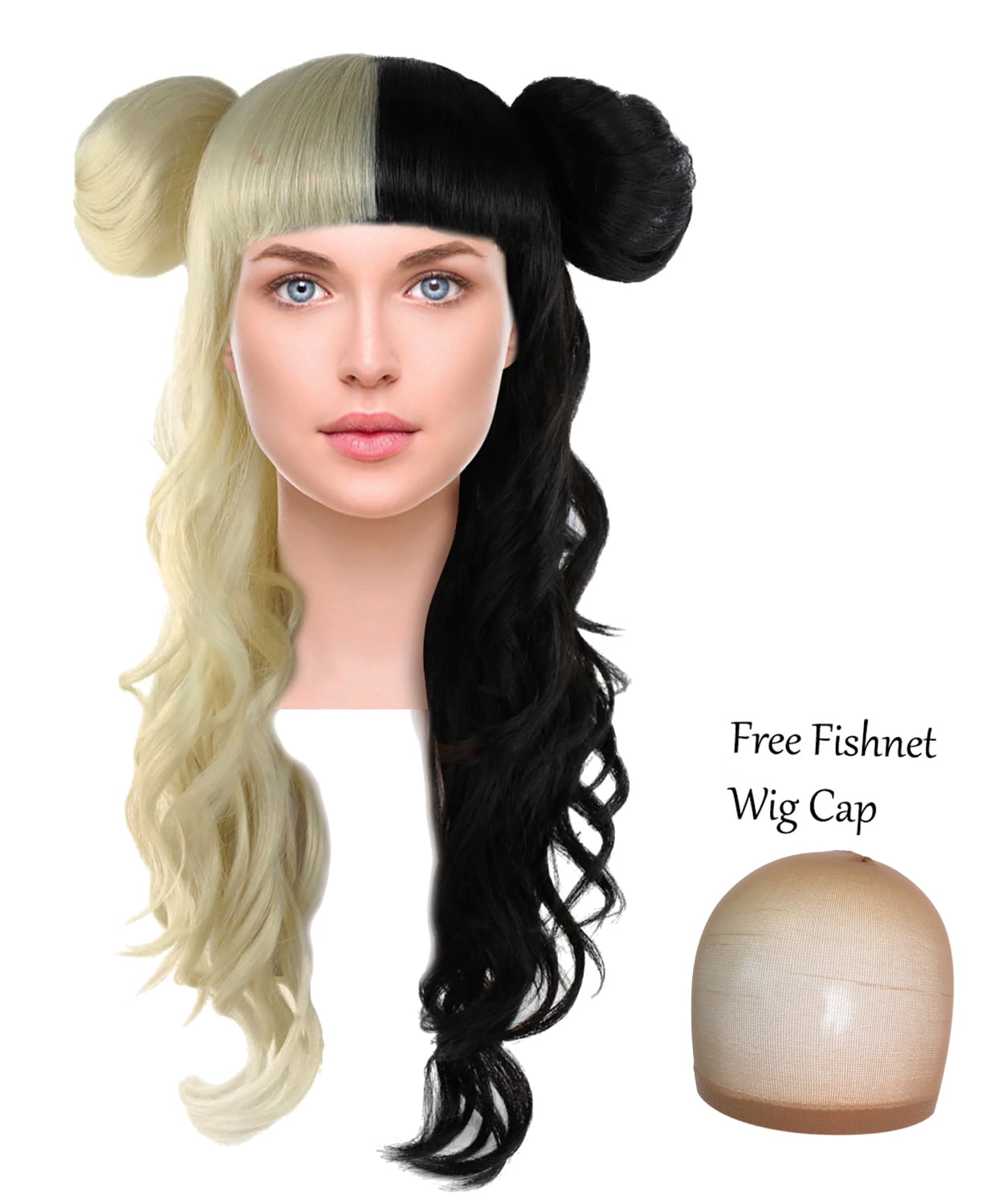 Long Curly Wig w/ Bangs Two Tone Hair Side Buns for Cosplay Costume