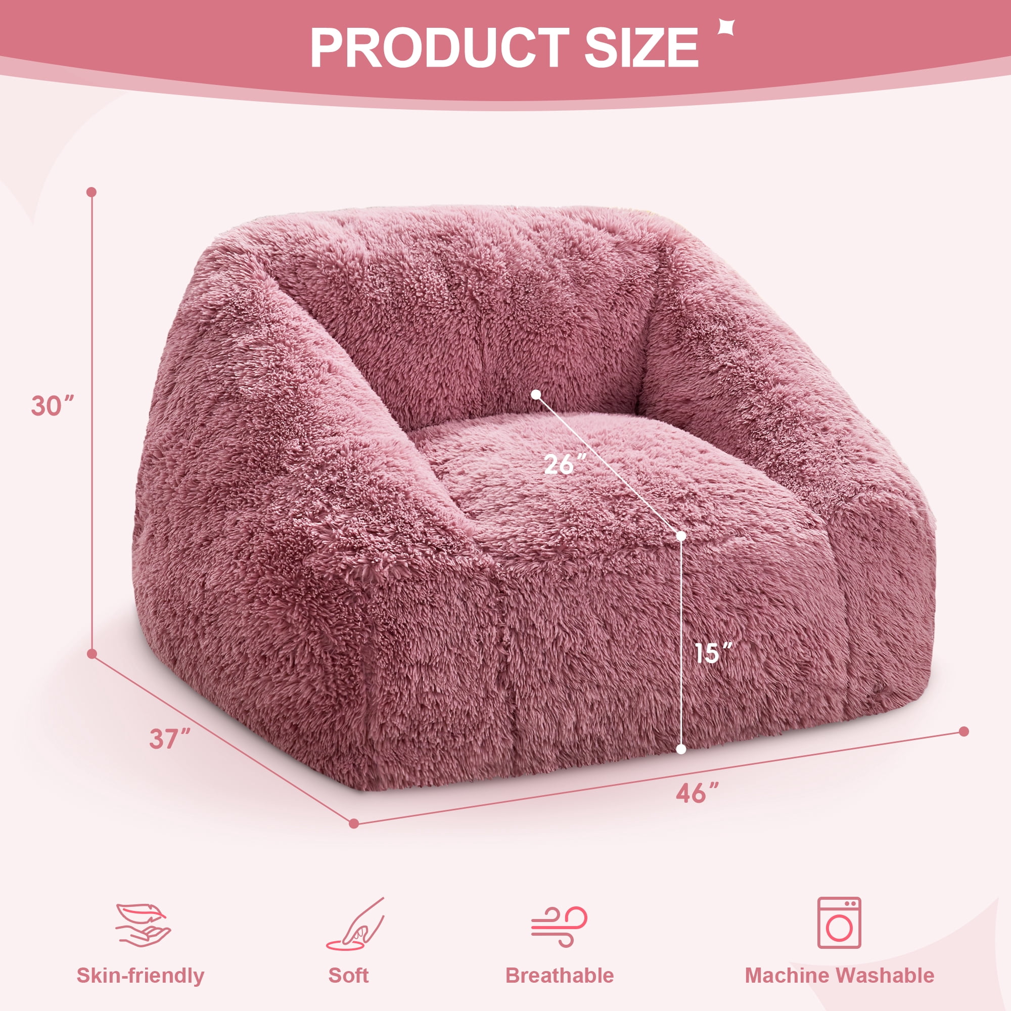 Hobestluk Oversized Bean Bag Chair for Adults with Filler, Large Cozy Reading Chair, Comfortable Lounge Chair for Living Room and Bedroom (Pink Plush)