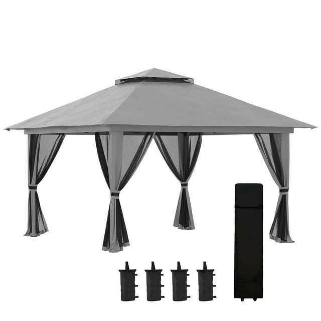 Outsunny 13'x13' Adjustable Pop Up Canopy w/ Nettings Weight Bags, Grey