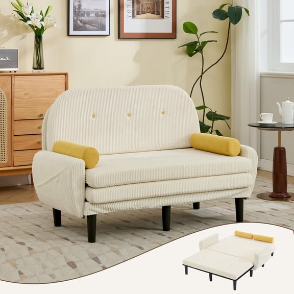 Modern 55 Inch Corduroy Sofa Bed, 3-in-1 Convertible Sofa Bed with Adjustable Backrest, Small Folding Loveseat for Living Room, Bedroom, Office, RV (New Beige)