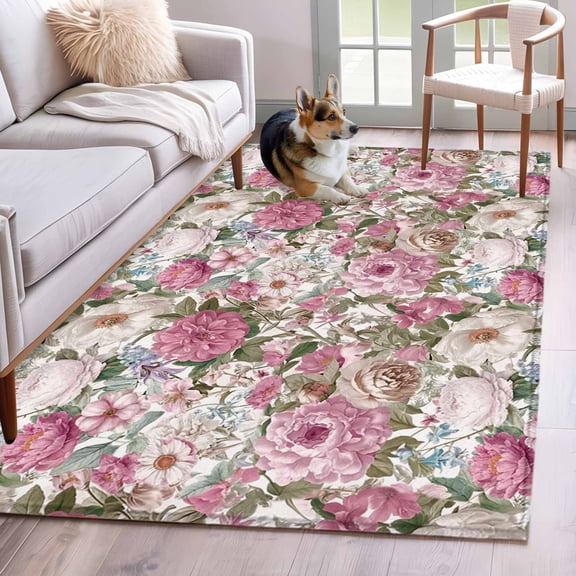 Area Rug for Living Room, Light Pink Spring Floral Non-Slip Indoor Large Carpet for Bedroom/Dining Room, Vintage Summer Botanical Washable Low-Profile Rectangle Floor Mat Runner Rugs - 3 x 5 Ft