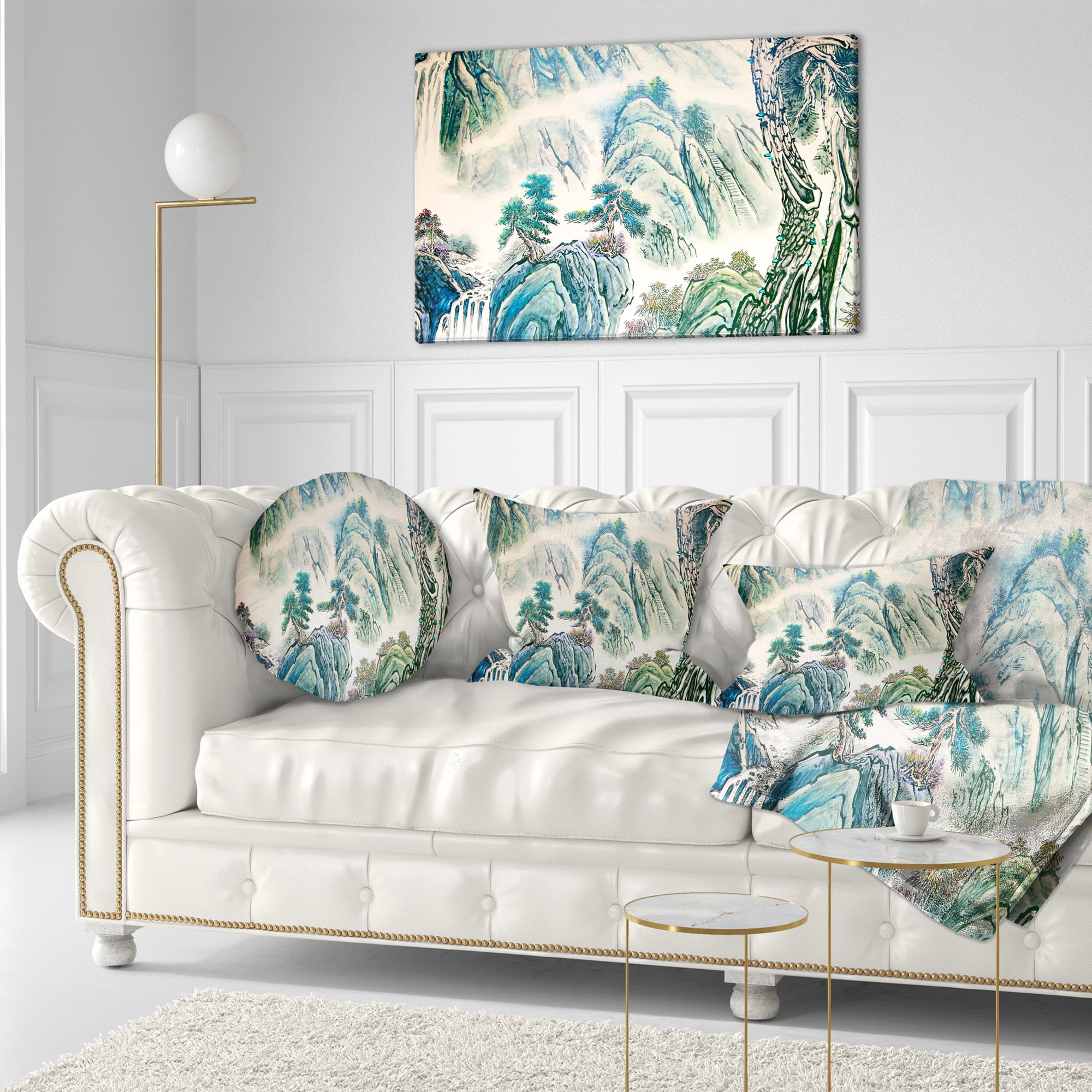 Designart Blue Chinese Landscape Painting - Floral Throw Pillow - 12x20