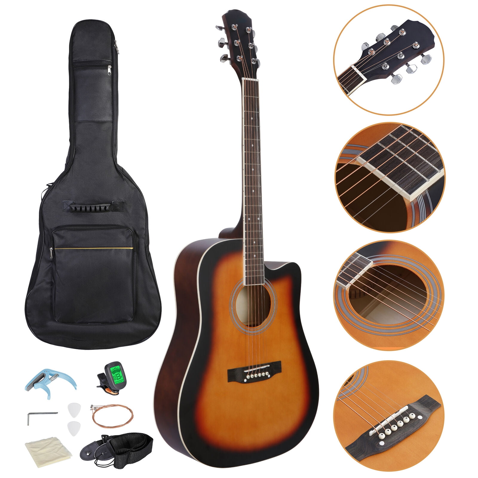40 Inch Wood Guitar Kit Bundle Guitar Beginner Wood Guitar Starter Kit Acoustic Guitar Classical Guitar Spruce Front Cutaway Folk Guitar with Bag & Board & Wrench Tool Black