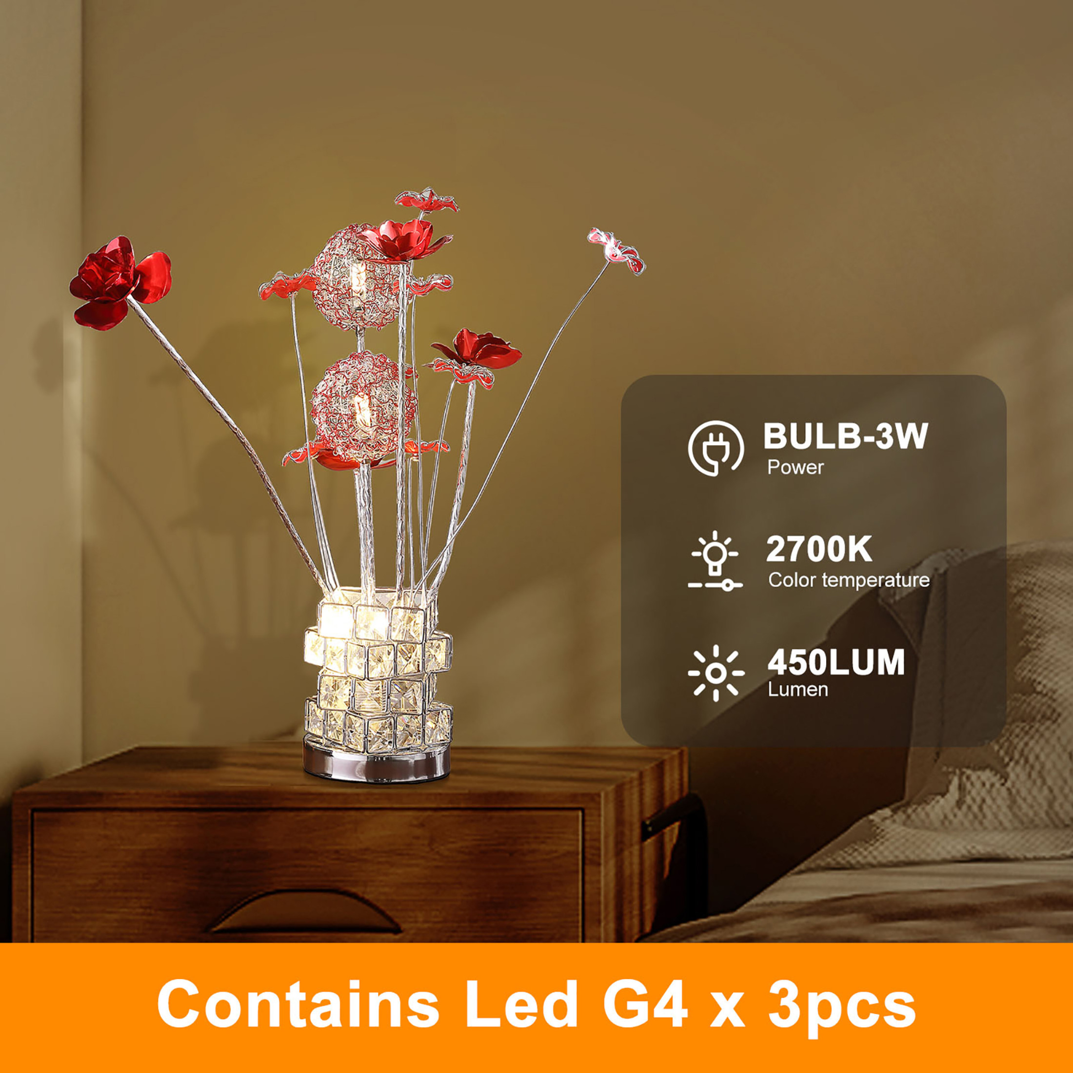 Noble House 20.75" Floral LED Table Lamp, Aluminum & Acrylic Red Roses, G4 Light Bulbs, Chrome Vase, Multicolor