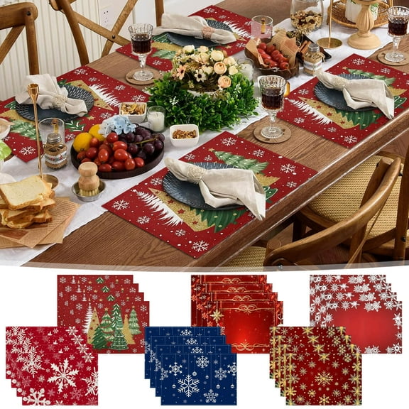 4Pcs Christmas Placemat Table Mat Christmas Home Living Room Decoration Placemat, Washable Plastic Non-Slip Woven Winter Table Mats for Party Kitchen Dining Decor