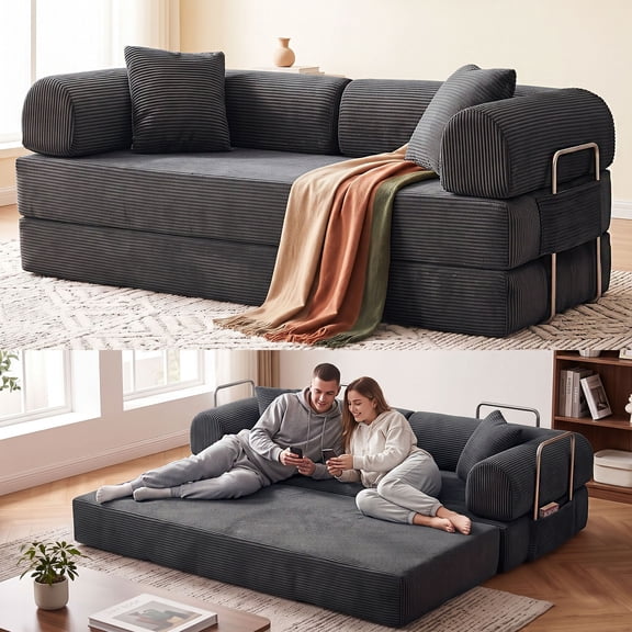 OMNIBERG 79" 5-in-1 Boneless Convertible Futon Sofa Bed, Corduroy Modular Sleeper Sofa Couch with Storage Pockets, Fixed-Shape Frame and Pillows for Living Room Bedroom, No Assembly, Grey