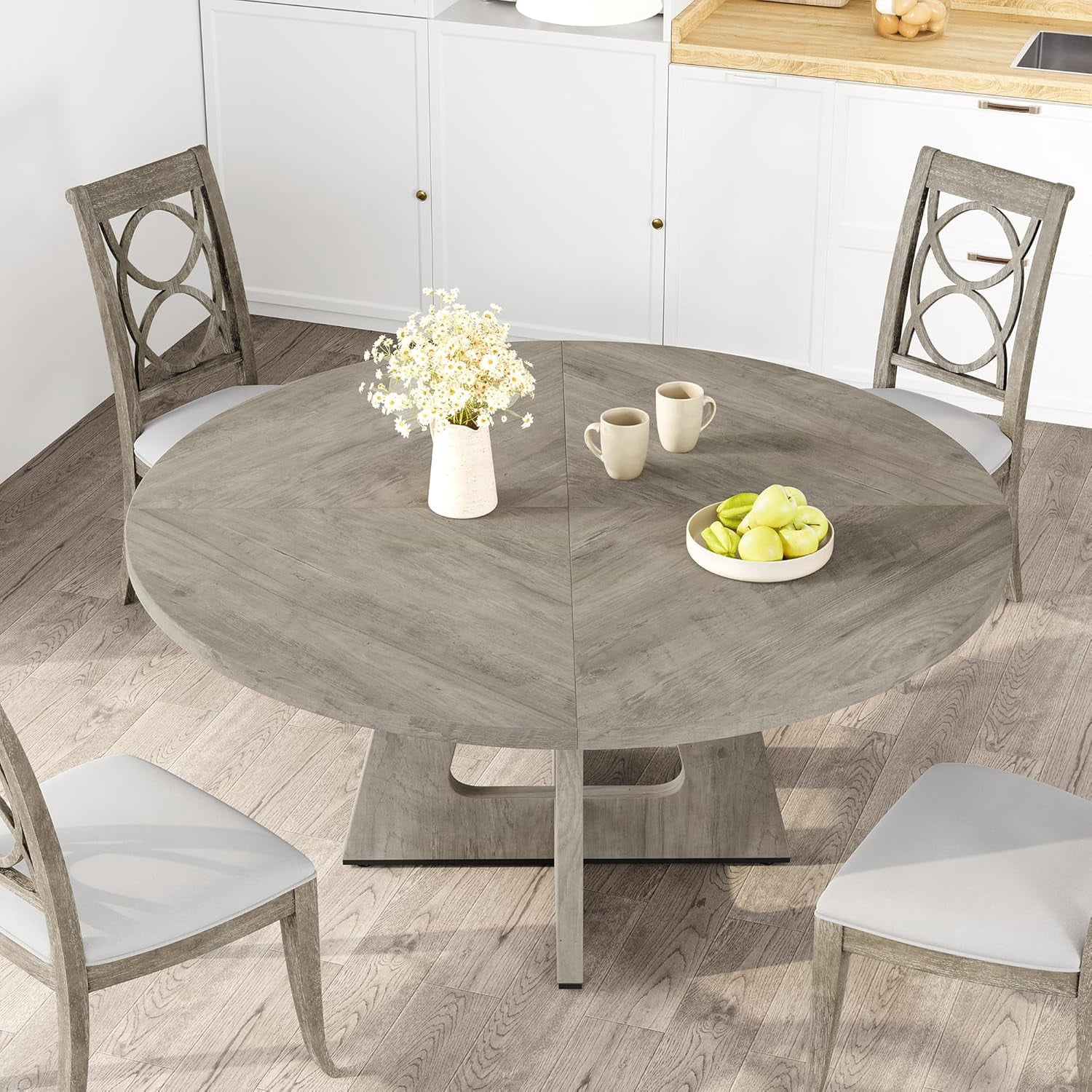 47" Round Dining Table Set for 4 to 6, Farmhouse Kitchen Table with Wooden Top and Pedestal Base, Circle Dinner Table for Dining Room, Kitchen Room - Grey (No Chairs)