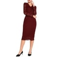 thumbnail image 2 of INSPIRE CHIC Women's Dress V Neck Floral Lace Sheer Long Sleeve Midi Cocktail Dress S Wine Red, 2 of 5