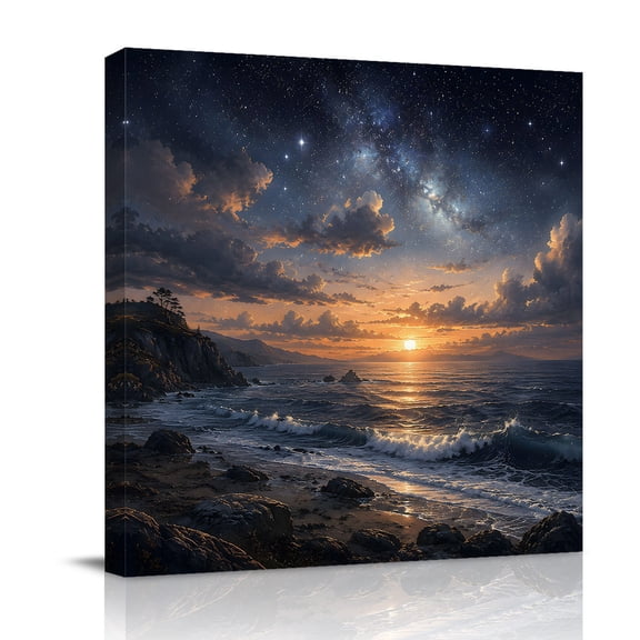 Canvas Wall Art, Coastal Nautical Framed Canvas Prints for Bathroom Desk, Summer Ocean Beach Stars Sky Waves Small Gallery Wrapped Wall Decor for Home Office, Gifts, 8"x8" Ship Next Day