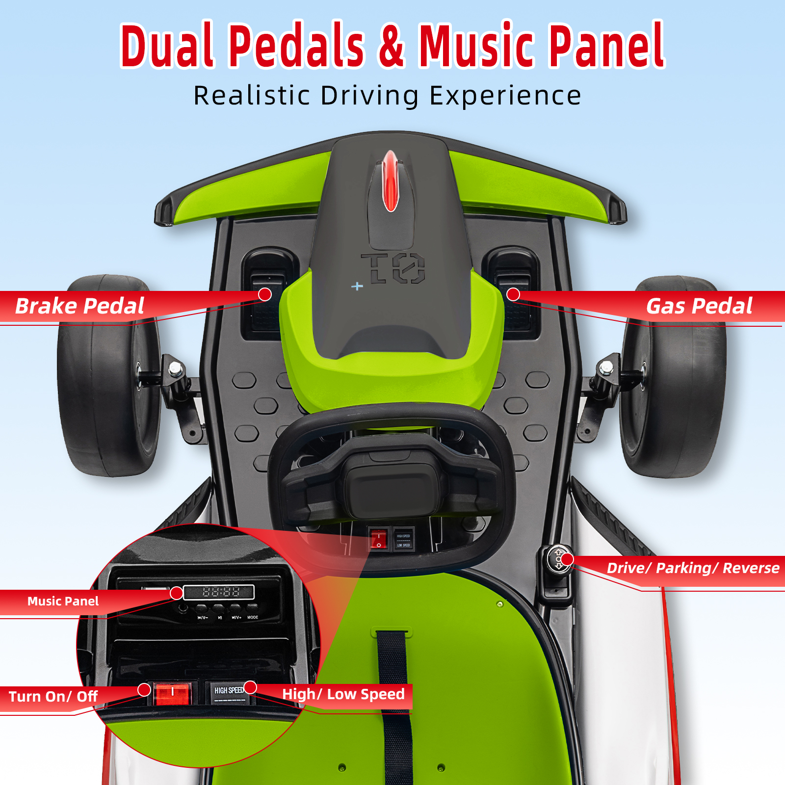 24V Kids Electric Go Kart For Ages 6-12 – 2 Speeds, Drifting, Music, Up To 110lbs
