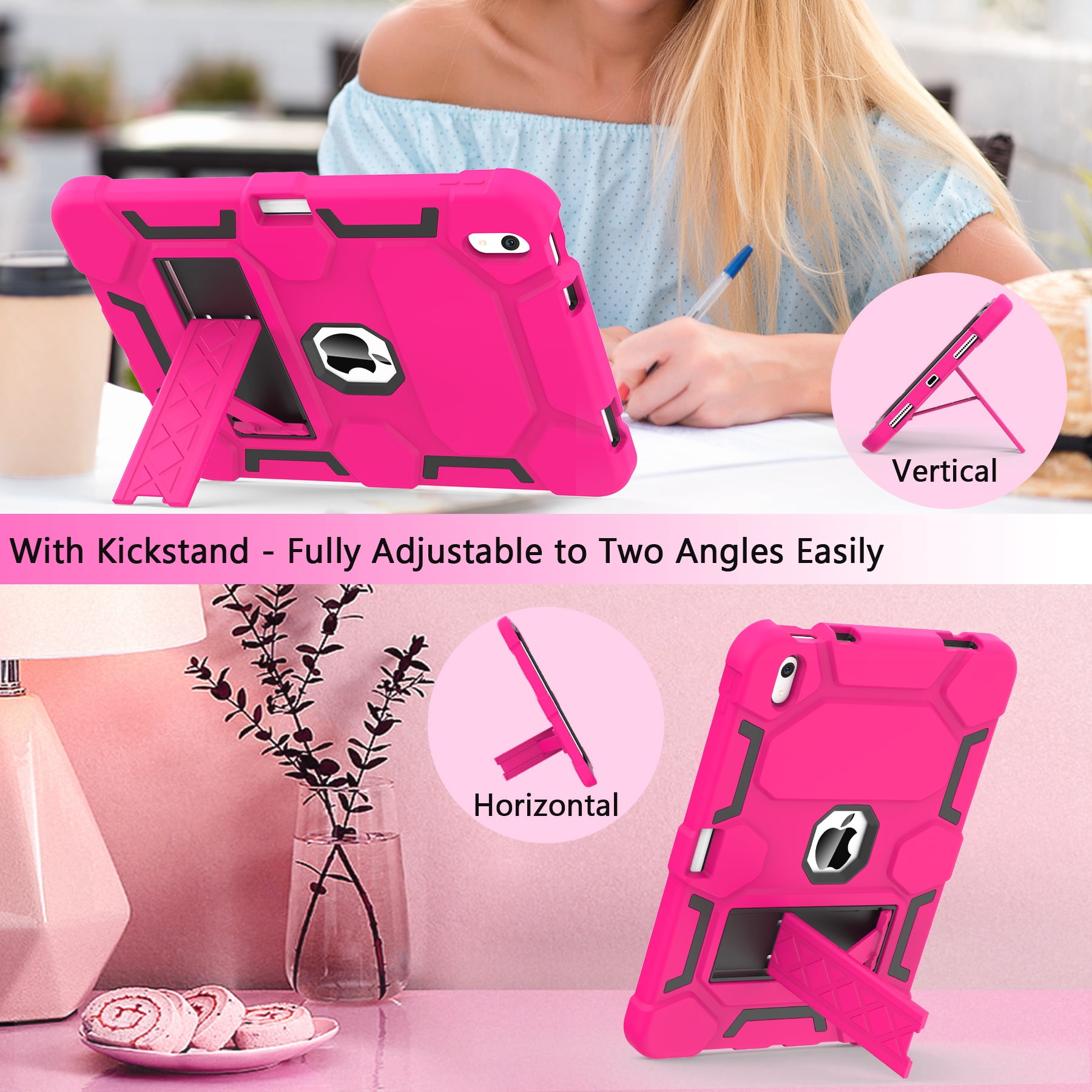 Rantice Case for iPad 10th Generation 10.9 Inch 2022, iPad (A16) 11th Gen 11 Inch 2025, with Kickstand & Pencil Holder, Heavy Duty Shockproof Hybrid Protective Cover for Kids Girls, RosePink+Black