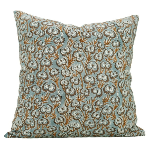 Fabdivine Floral Block Print Boho Decorative Linen Throw Pillow Cover, Handblock Printed Cushion Cover for Sofa , 12"X20", Brown