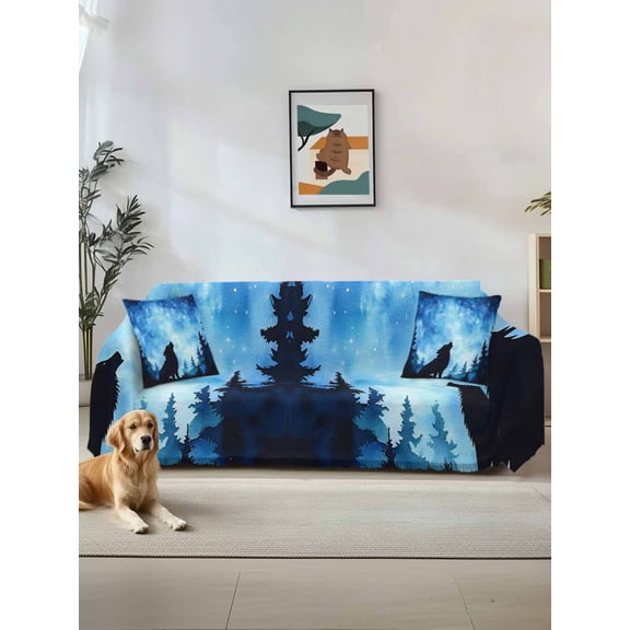 Black Wolf Silhouette Couch Cover, Abstract Starry Night Forest Sofa Cover Blanket for Loveseat Couches,Sectional Sofa Slipcover Furniture Protector for Living Room Bedroom 71''x118''
