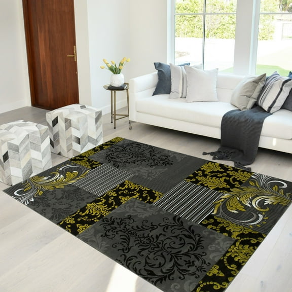 Handcraft Rugs - Yellow, Gray, Silver, Black, Abstract Area Rug Modern Contemporary Floral and Patchwork Geometric Design