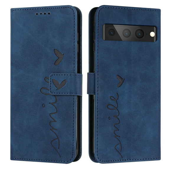 Nalacover for Google Pixel 7 Pro Flip Wallet Case,Luxury Love Heart Embossed PU Leather Shockproof Soft TPU Folio Kickstand Card Slots Phone Cover with Wrist Strap for Women Men,Blue