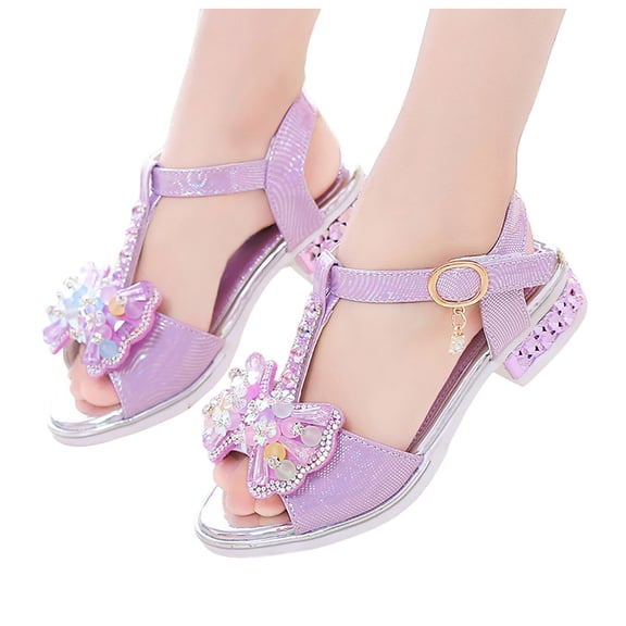 Girls Sandals Rhinestone T-Strap Flower Girl Dress Wedding Party Peep Toe Heels Summer Casual Heeled Dance Shoes Purple 11.5 Little Kid