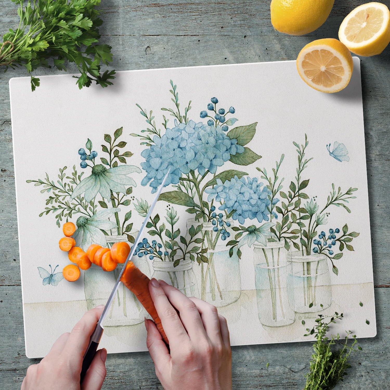 CounterArt Mason Jar Floral 3mm Tempered Glass Cutting Board 15" by 12"