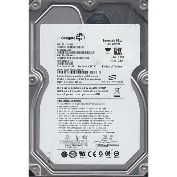 ST31000340NS, 9QJ, KRATSG, PN 9CA158-081, FW XR15, Seagate 1TB SATA 3.5 Hard Drive