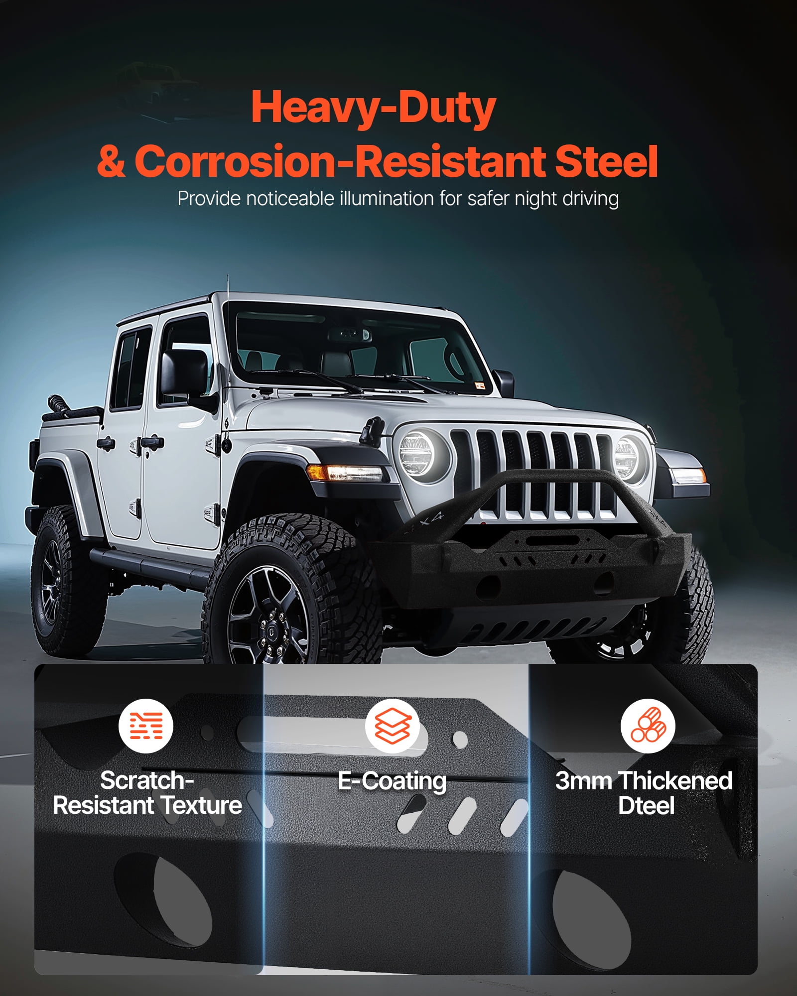 VEVOR Front Bumper Compatible with 2018-2024 Jeep Wrangler JL JLU & Gladiator JT, Heavy-Duty Steel Front Bumper with Winch Plate, D-Ring Mounts & Fog Light Housing