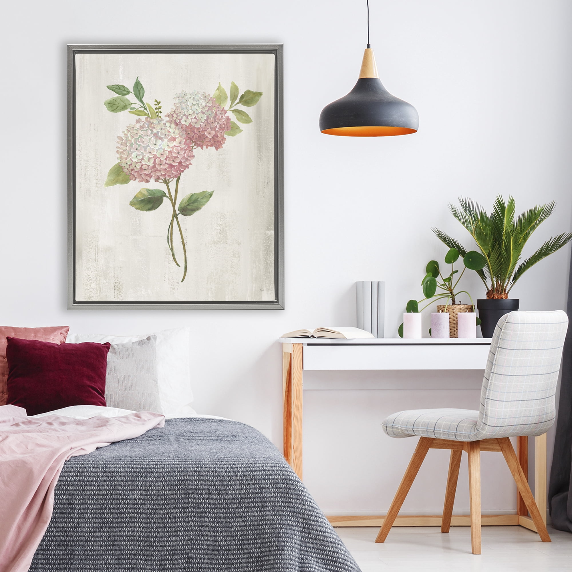 Stupell Industries Pink Hydrangea Paired Stems Gray Framed Floater Canvas Wall Art, design by Nan