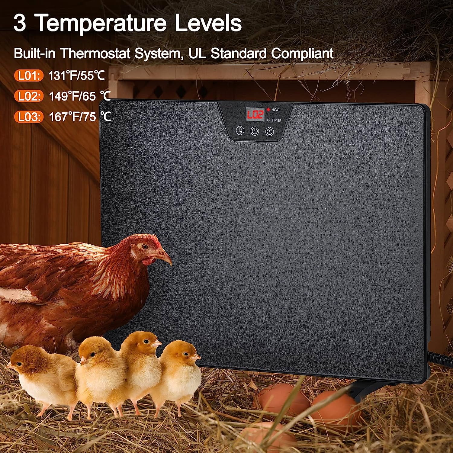 Winpull Chicken Coop Heater, Portable Radiant Chicken Heater, 5 Timing and  3 Temperature Levels, 100/200W Coop Heater with Thermostat Energy Efficient