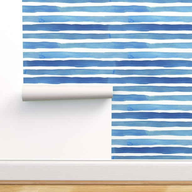 Peel & Stick Wallpaper Swatch - Stripes Watercolor Blue White Nautical