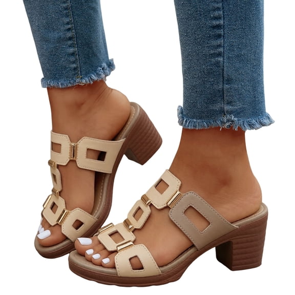 Rokment Womens Platform Chunky High Heels Dressy Slip on Sandals 2026 Summer Comfortable Trendy Casual Geometric Hollow out Heeled Slides Gold Size 6