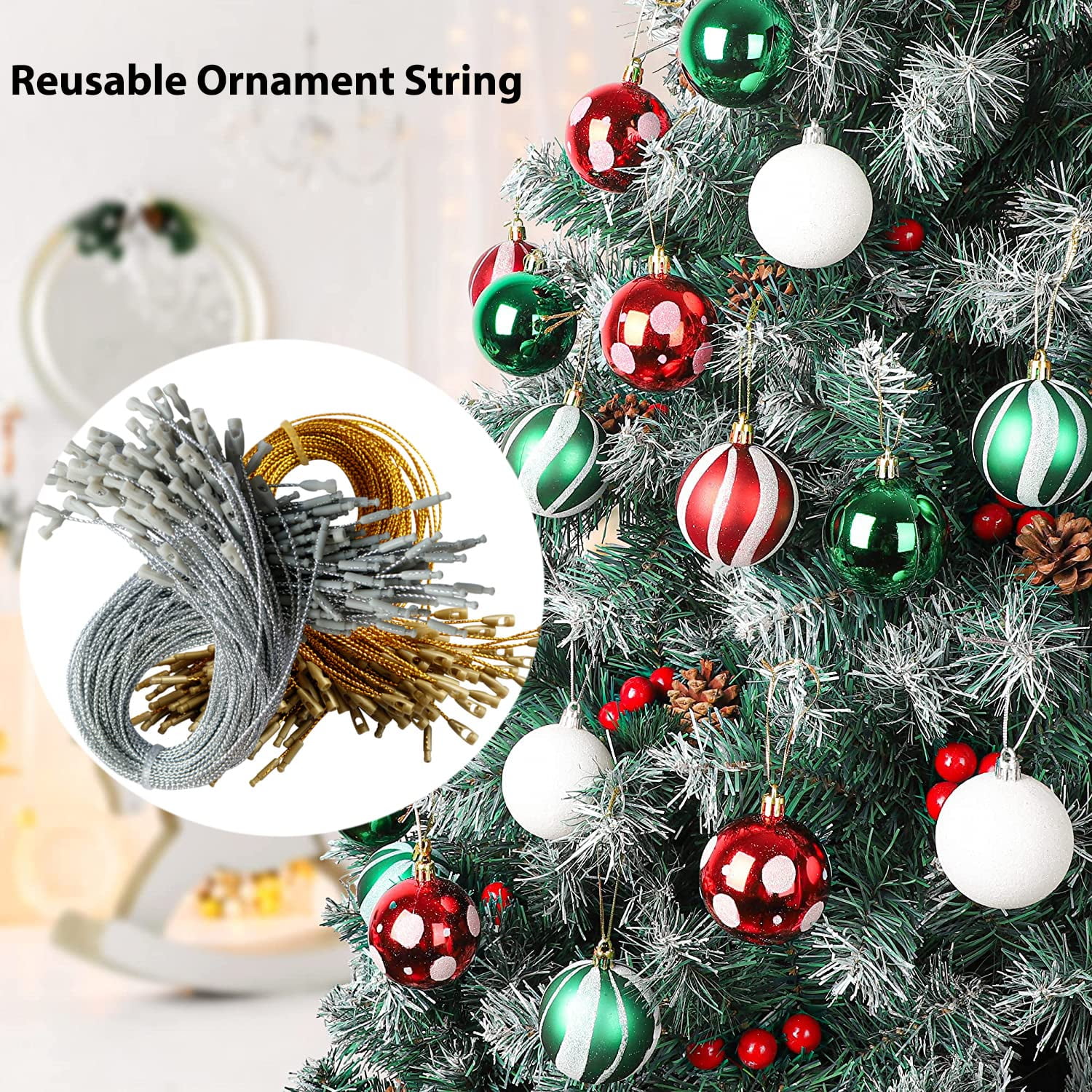 100PCS Round Christmas Ball Ornament Caps Gold Hangers String Set Christmas  Pendant Replacement Cap Xmas Tree Decoration Cover