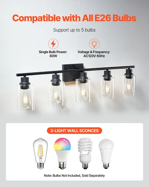 Modern 5-Light Bathroom Vanity Lighting Fixture,37.1-Inch Clear Glass Shade Wall Light for Living Room,Bedroom,Hallway,E26 Base,60W(Bulbs Not Included)